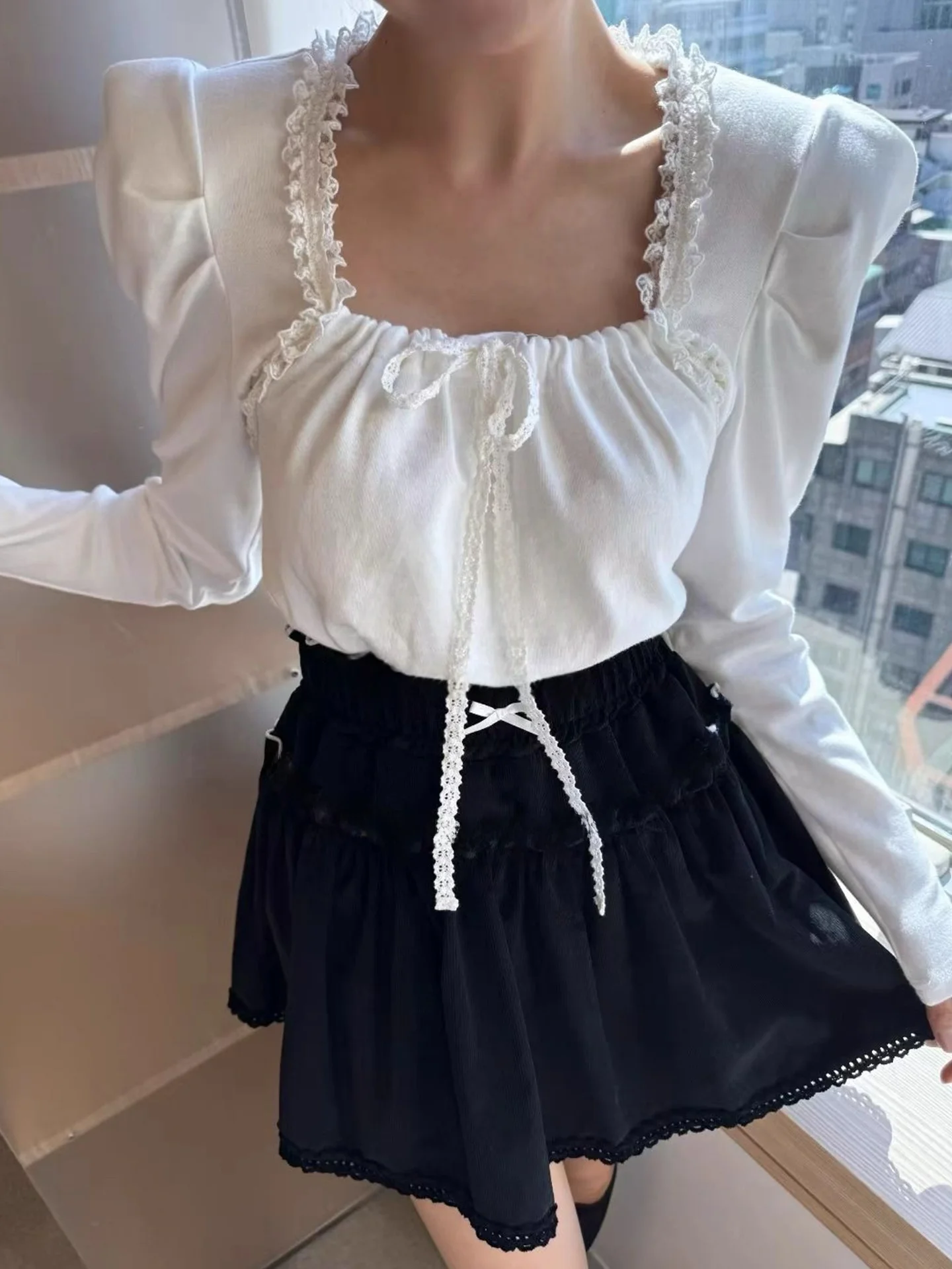 ريترو شيك المرأة irt مع ربطة القوس فيونكة فقاعة Sve ساحة طوق الربط الدانتيل تنوعا لخريف جديد وصول #2