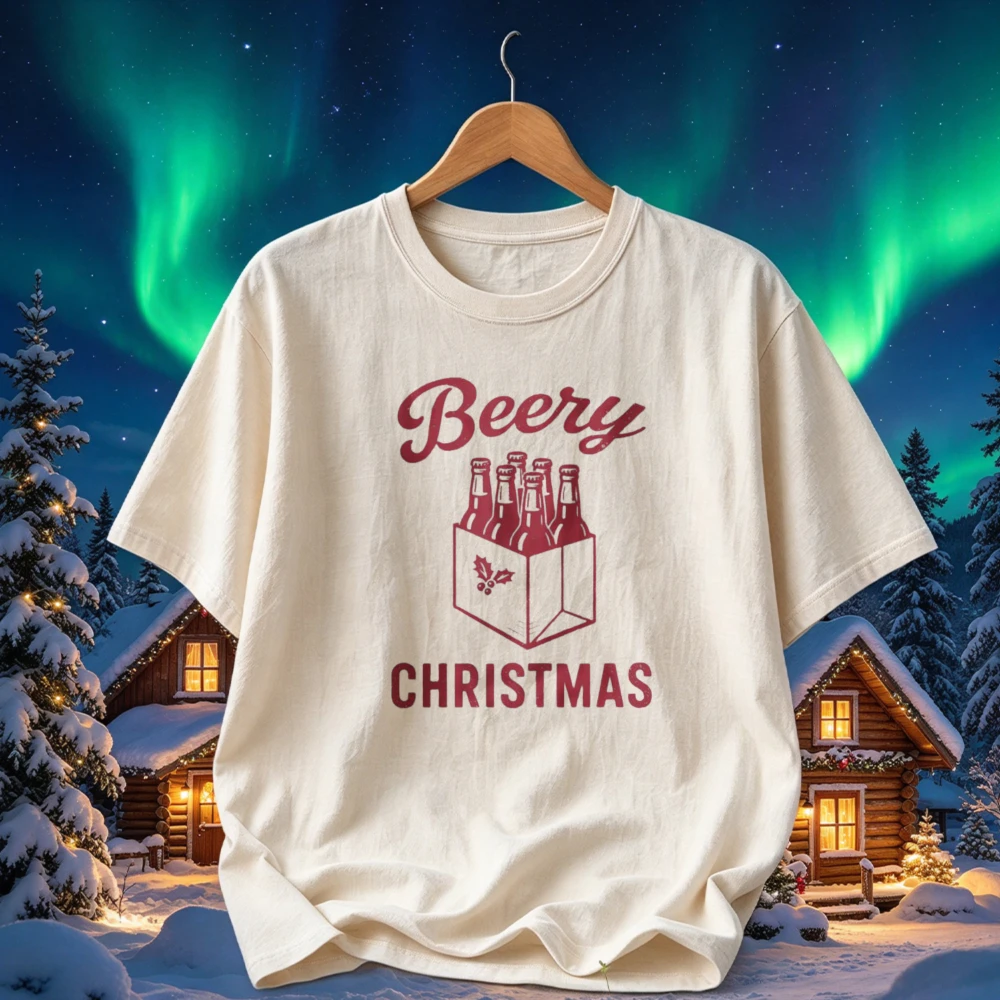 Beery Christmas Graphic T Shirt Beer Bottle Box Holly Print Crew Neck Short Sleeve Vintage Funny Xmas Holiday Party Casual Tees