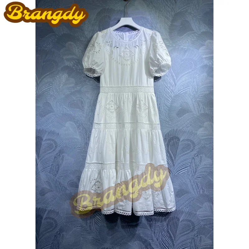 

Brangdy Luxury 2023 Spring New round Neck Cotton Hollow Short Sleeve Dress