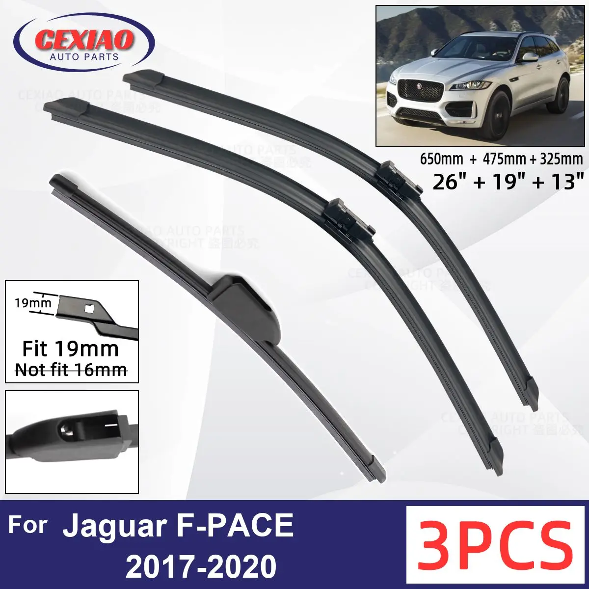 For Jaguar F-PACE 2017-2020 Car Front Rear Wiper Blades Soft Rubber Windscreen Wipers Auto Windshield 26+19+13 2017 2018 2019