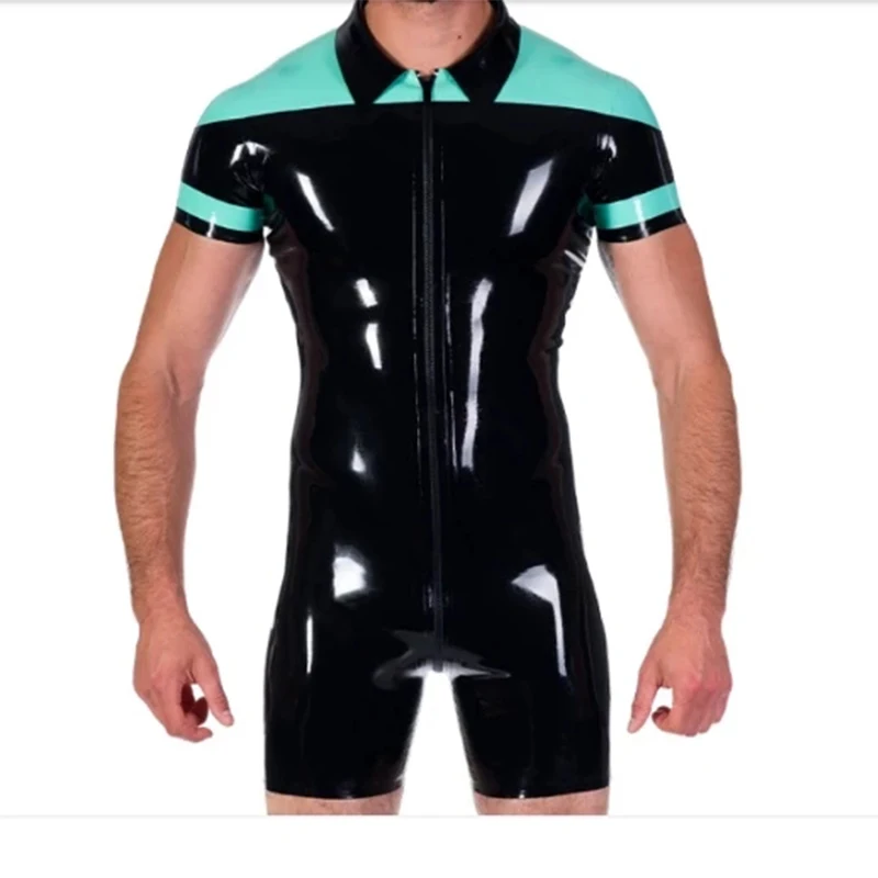 

Handmade Men Latex Bodysuit Rubber Jumpsuits Cosplay Black with Lake Blue with Front Crotch Zip