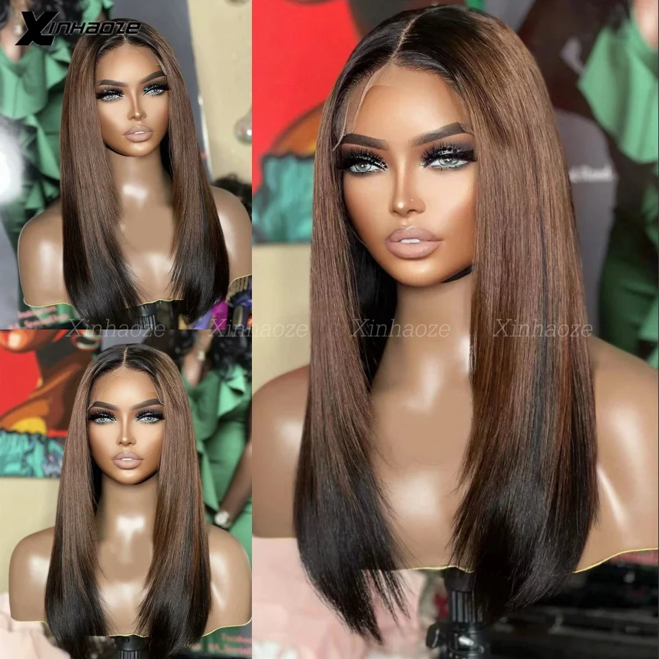 

13x4 Highlights Brown Straight Human Hair Wigs Pre Plucked 13x6 Transparent Ombre Brown Straight Lace Front Wig 5x5 Closure Wig