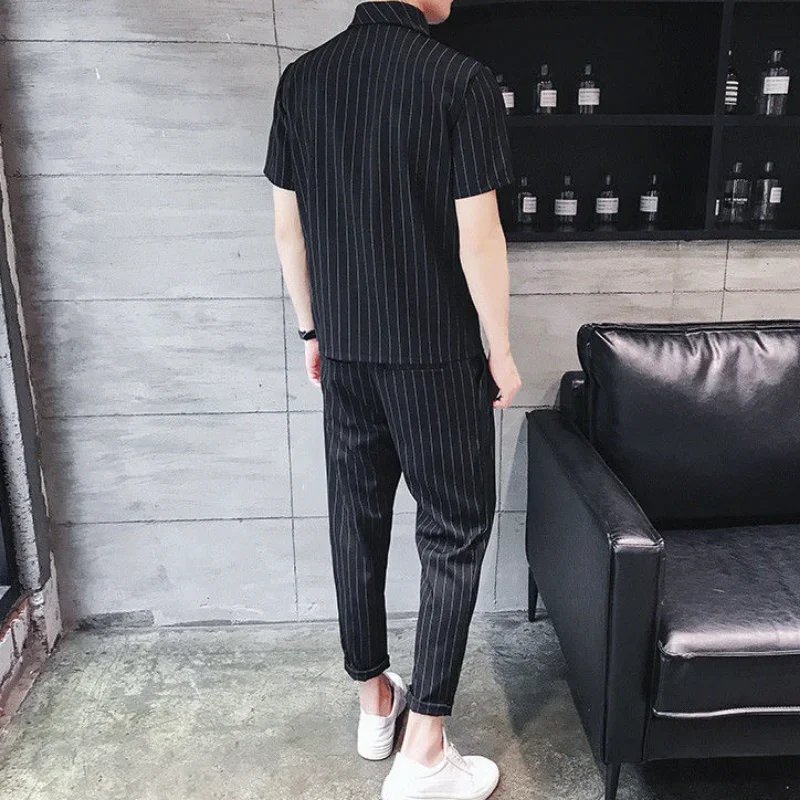 Striped T Shirt Pants Sets for Men Aesthetic Top Black Regular Fit Cotton Print Summer Sweatshirt Basic 2024 Trend Loose Clothes