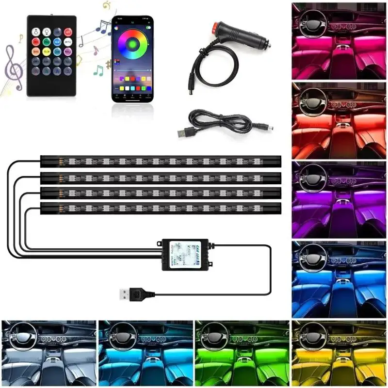 Car Interior USB LED Light Strips 7 RGB Color Adjustable APP Remote Control For Car Decoration