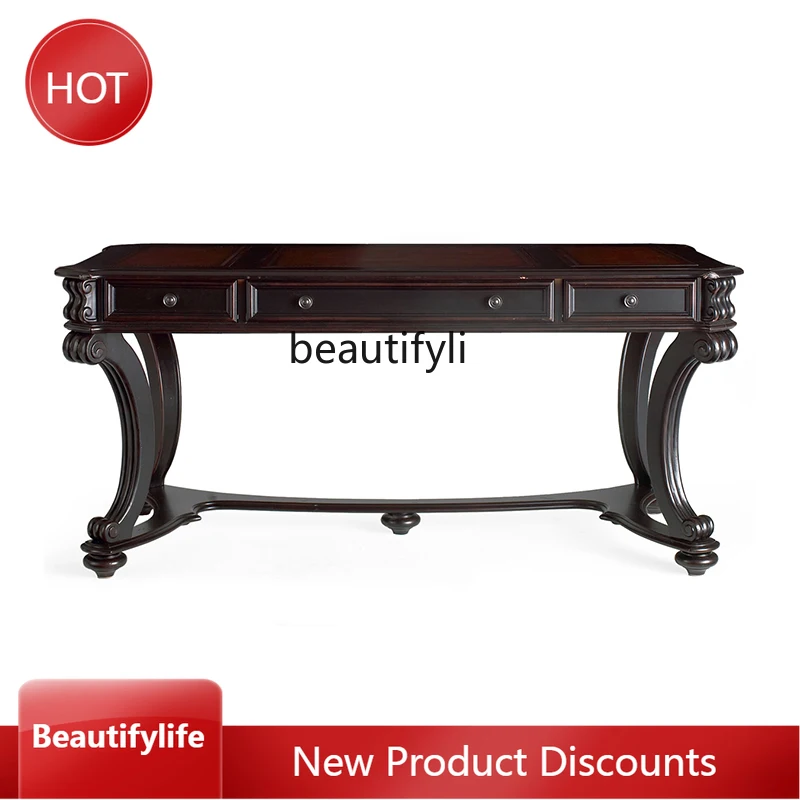 American-Style Solid Wood Desk Cowhide Surface Computer Desk Villa Study Furniture Custom Carving Brand Exquisite Writing Desk