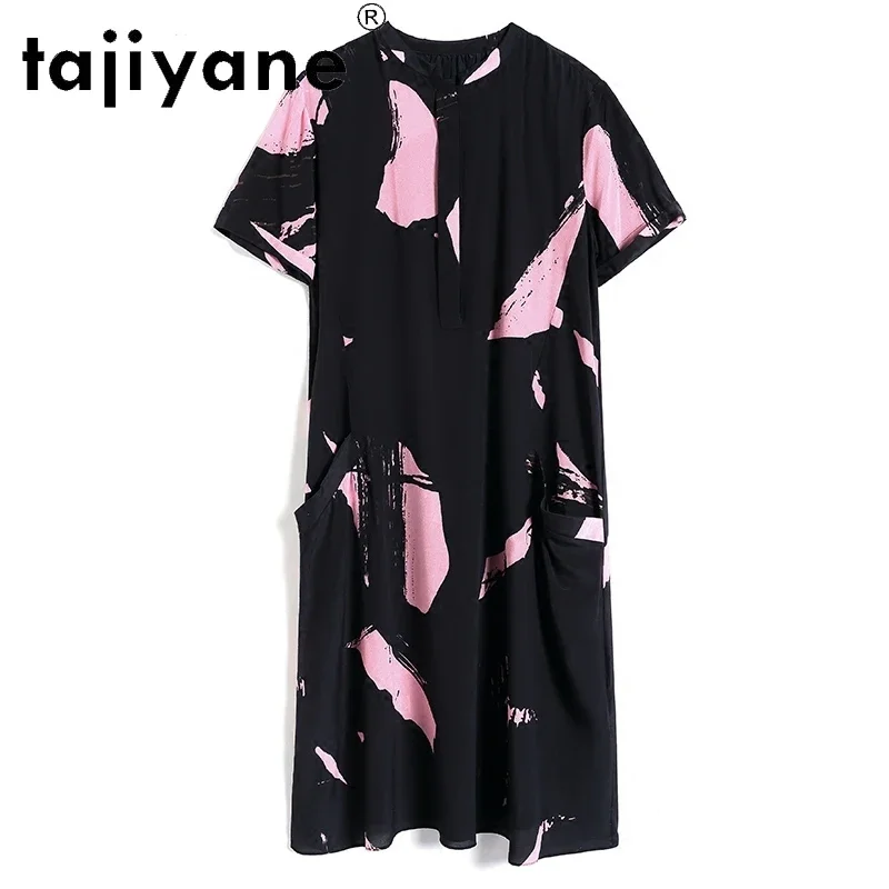 Tajiyane Midi Kleider für Frauen Sommer Kleid 100% Silk frauen Kleidung Elegante Frau T-shirt Kleid Silk Natürliche Robe TN2566