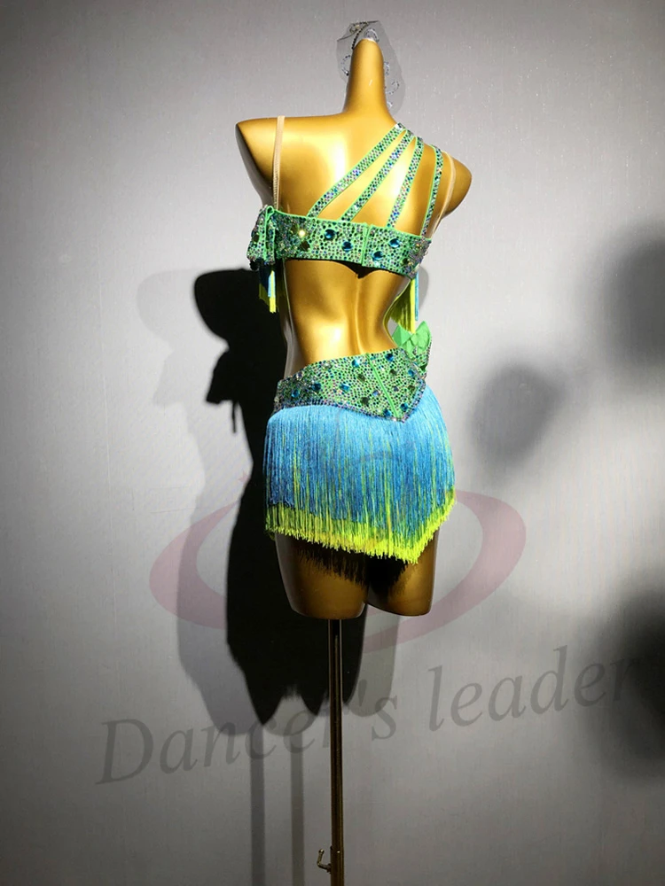 Latin Dance AB Steen Vrouwelijke Volwassen Kinderen High-end Aangepaste Kleur Clash Kwastje Bloemenjurk Zwart Zwembad Samba Prestaties Jurk