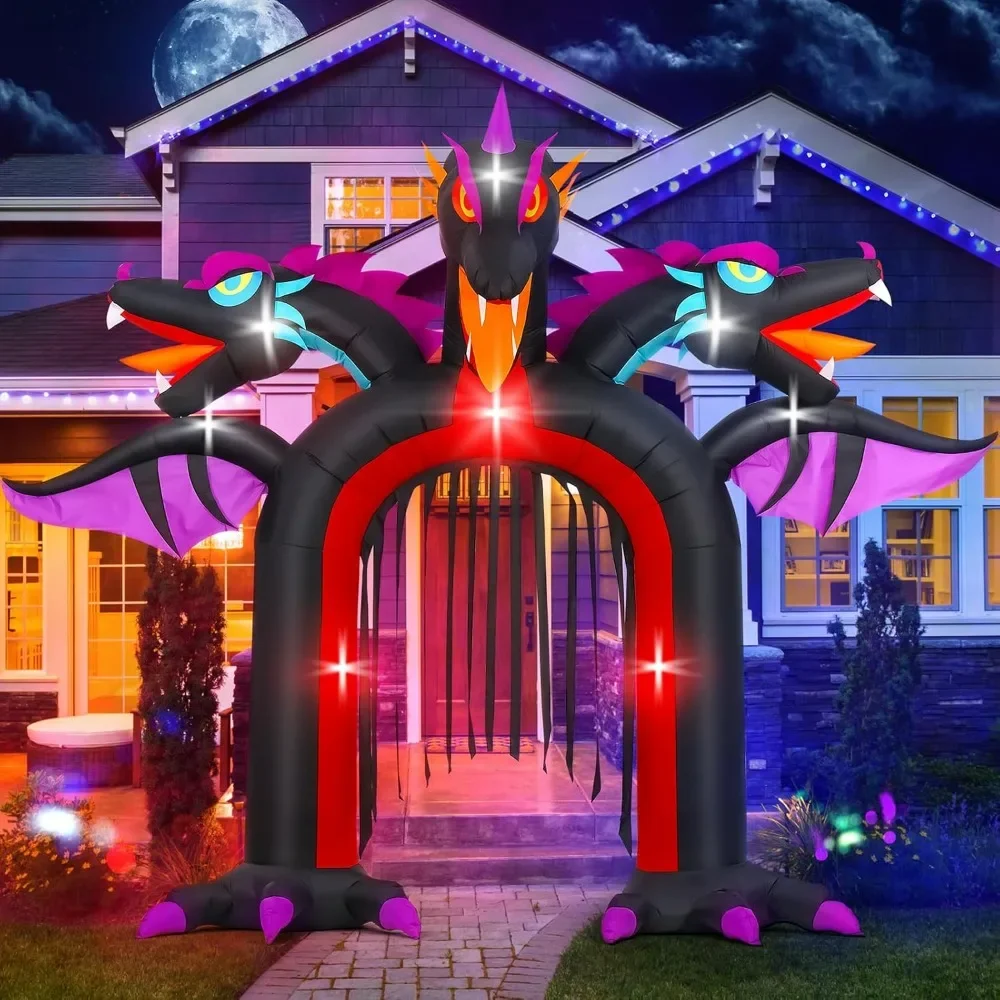 10 FT Halloween Inflatable Dragon Arch Outdoor Decoration, Lighted Three-Headed Dragon Inflatable with Open Mouths