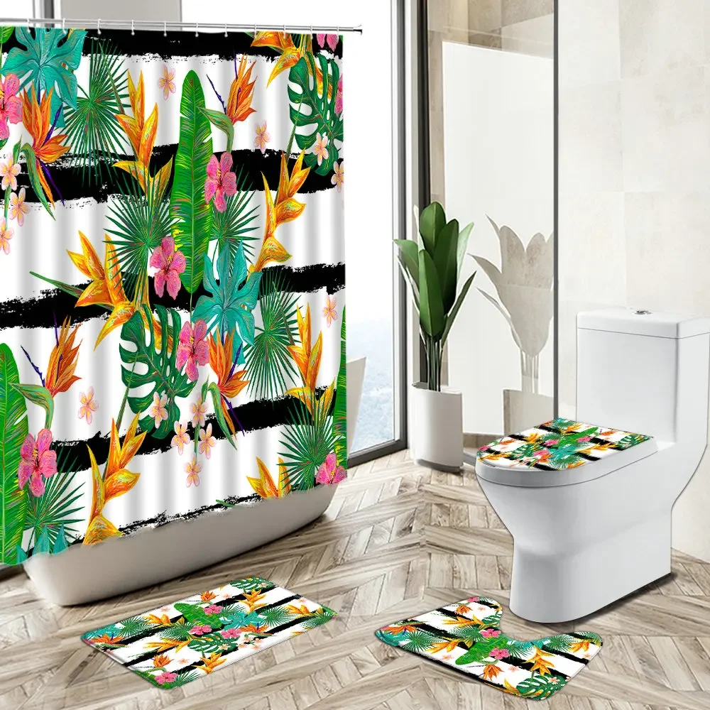 Tropical Plant Flower Scenery Shower Curtain European Style Bathroom Set Striped Colorful Non-Slip Carpet Toilet Cover Floor Mat