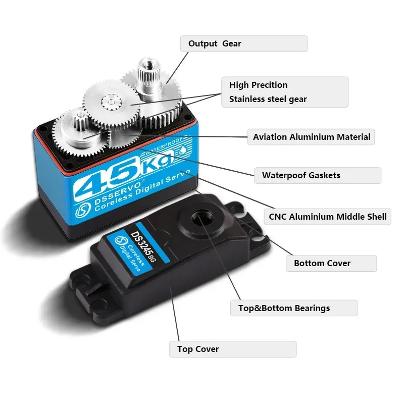 Dsservo 45kg Coreless DS3245 Digital Servo Metal Motor 7.4V Waterproof IP66 with 25T Servo Arm for RC Robot 1:8 1:10 Baja Car RC