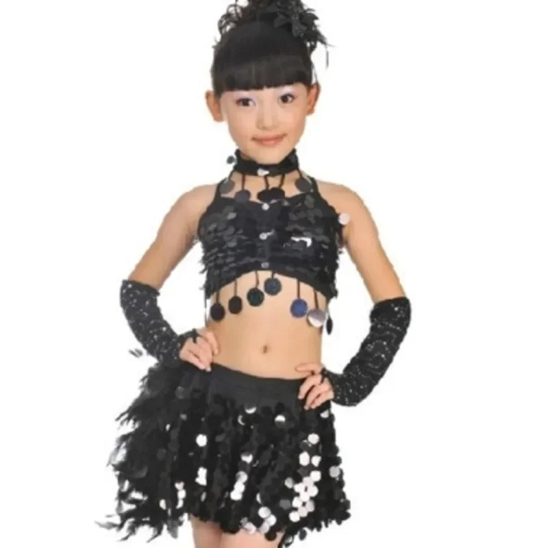 Trajes infantis para meninas e crianças, roupas de dança latina, trajes de penas de samba, vestidos de dança de salão, trajes de dança de lantejoulas m1