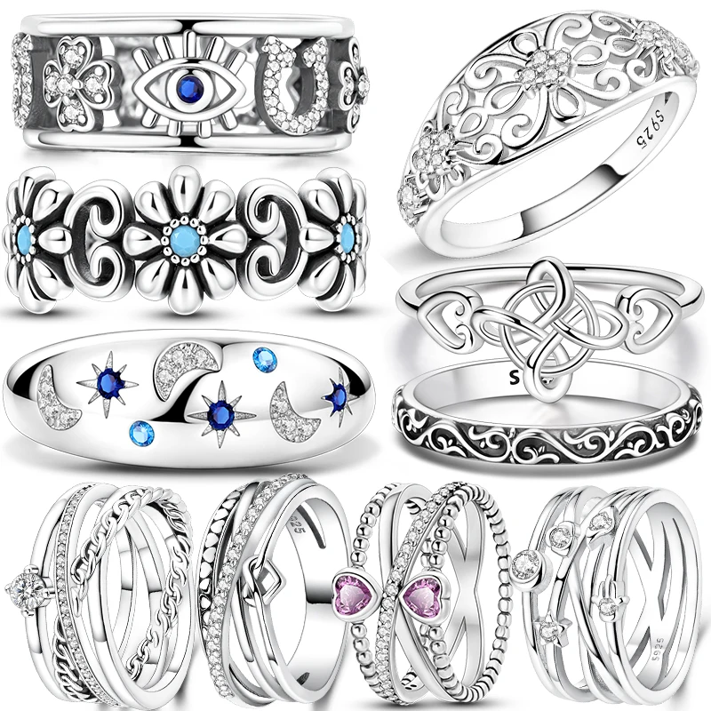 925 Sterling Silver Women's Wide Band Ring Retro Hollow Evil Eye Moon Star Celtic Knot Cubic Zirconia Statement Jewelry Gift