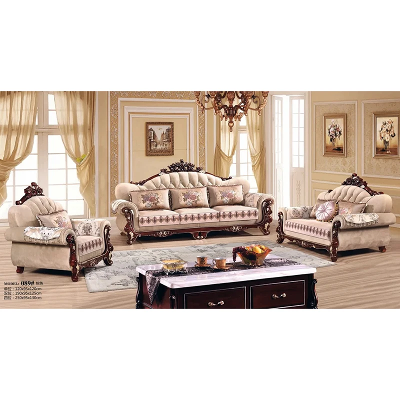 

Classic Design Royal Wood Frame Luxury Fabric Sofa Set Furniture European Villa Home Living Room Combination Sofa