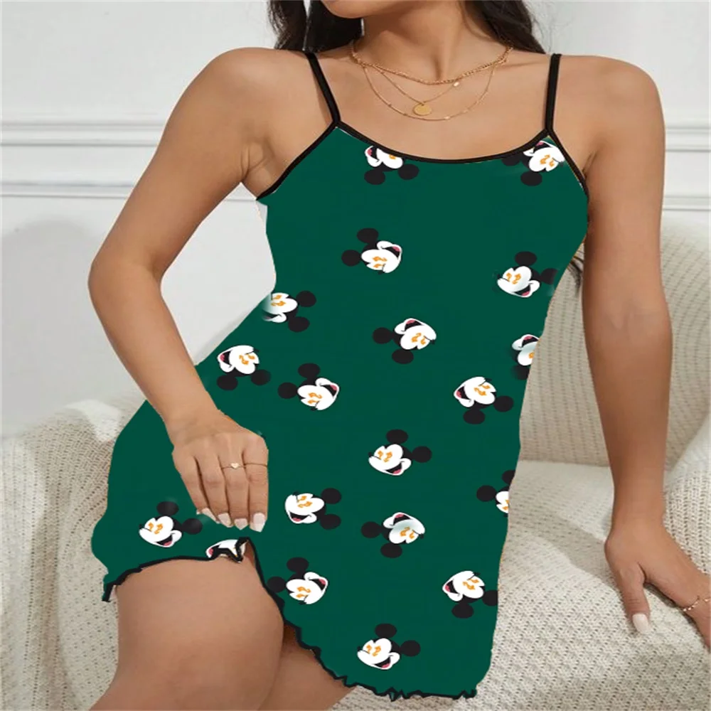 2024 New Mickey Pattern Print Women's Summer Pajama Sexy Charming Female Suspender Nightwear Ruffled Edge Design Sleeping Dress