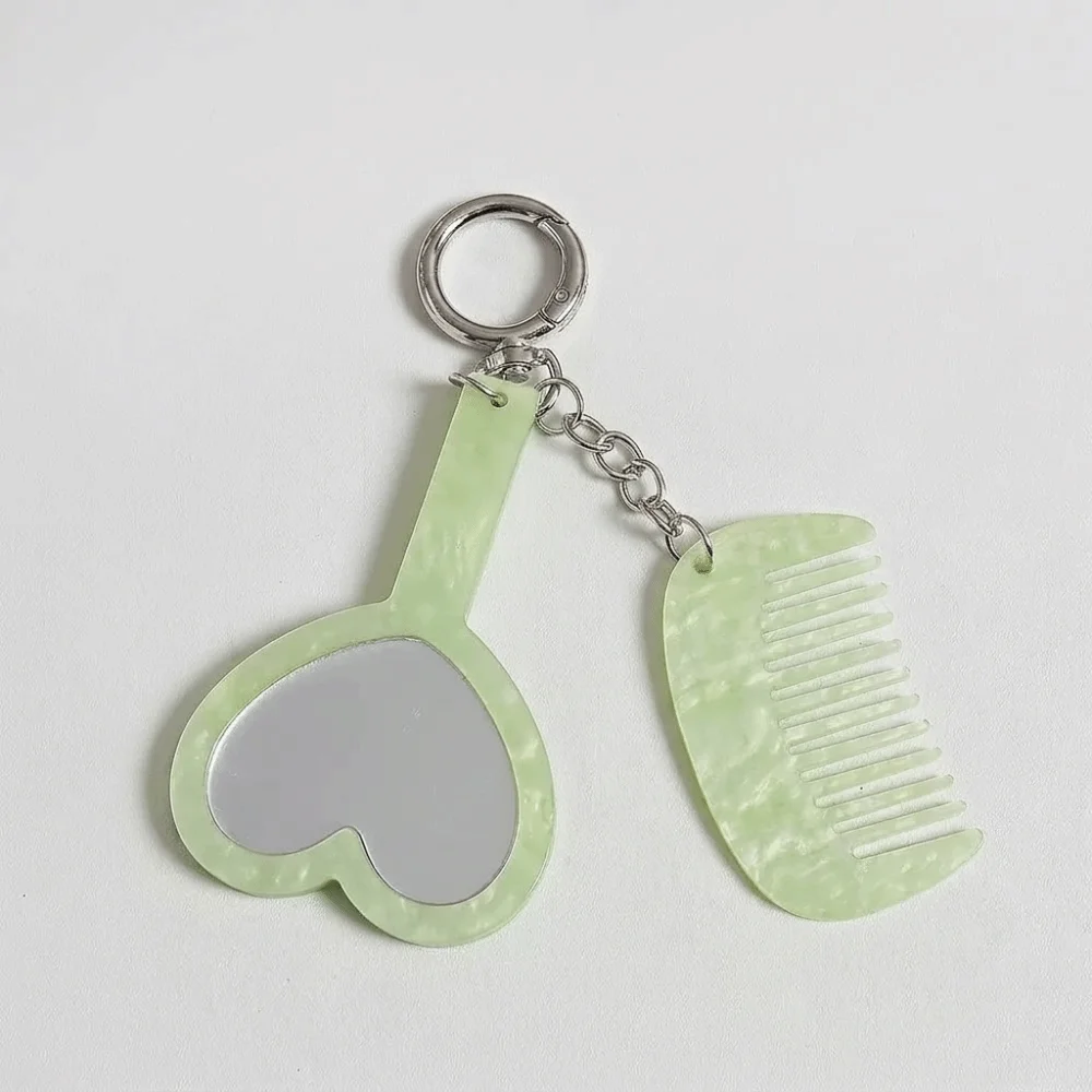 Acetate Material Grooming Keyring Mini Fine Tooth Comb Sturdy Metal Key Ring Heart Mirror Comb Lightweight Slim Structure