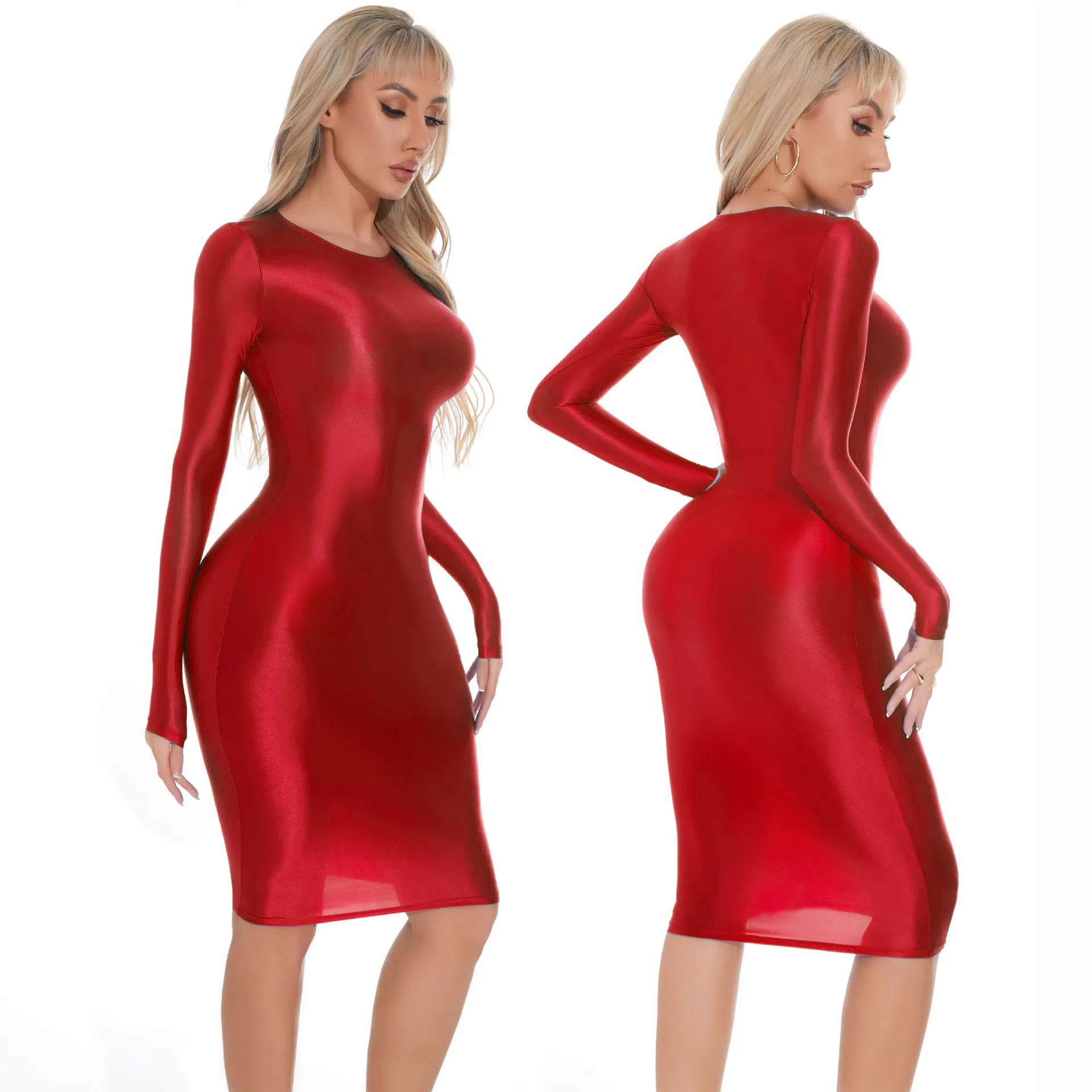 

XL Long Sleeve Glossy Shiny Midi Dress Tights Minifalda Sexy Clubwear Career Women Uniform Seductive Bag Hip Skirt Dresses Robe