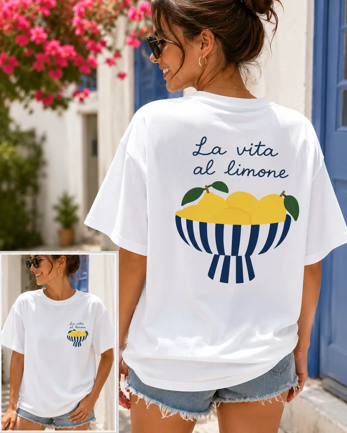 Dolce Vita Lemon Graphic T-Shirt for Women, Front & Back Italian Summer Print, Loose Crew Neck Short Sleeve Daily Casual Top