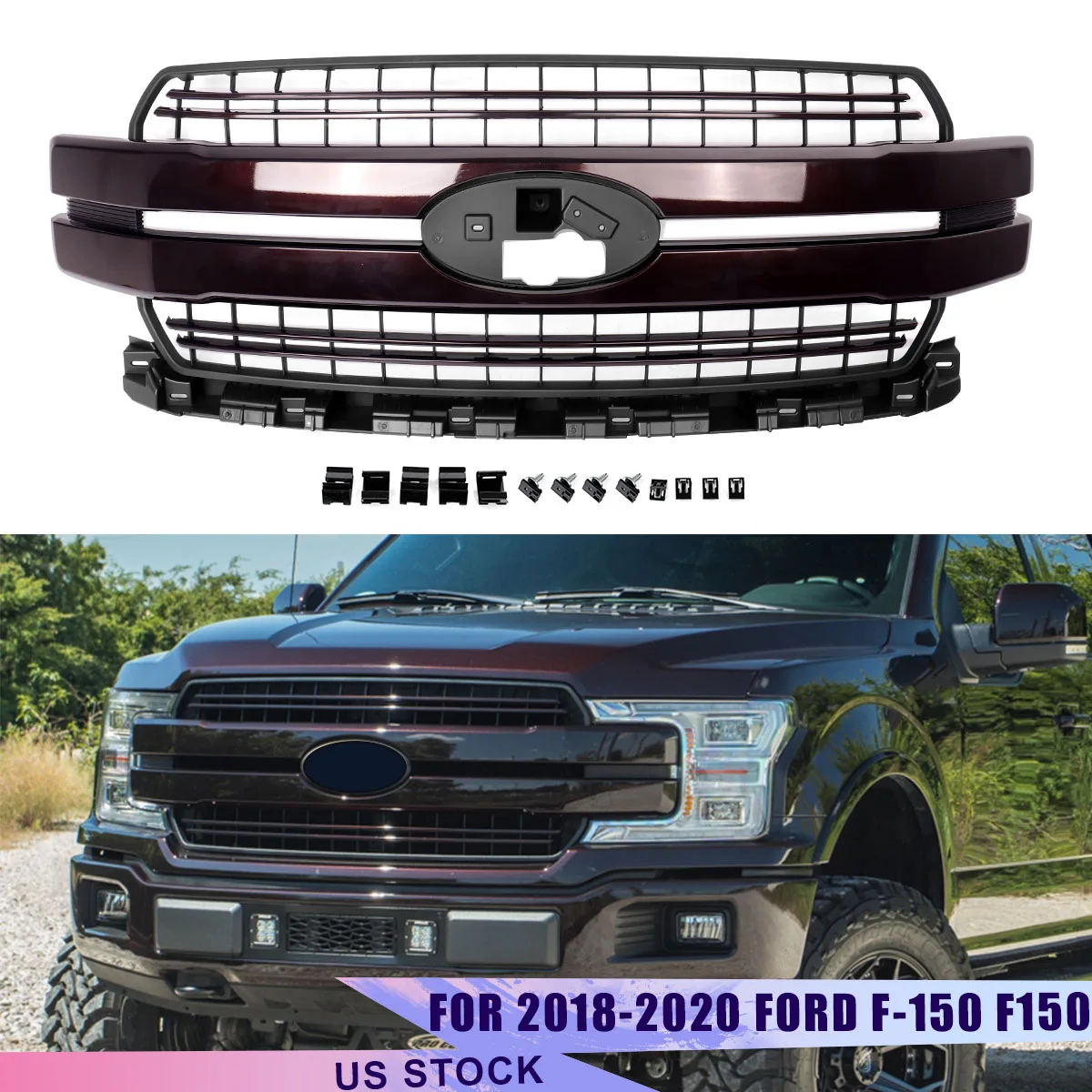 SAIQINGSP Front Upper Grill Hood Mesh Grille Fit for Ford F-150 F150 Racing Grills Grille  2018 2019 2020 Lariat Style Magma Red