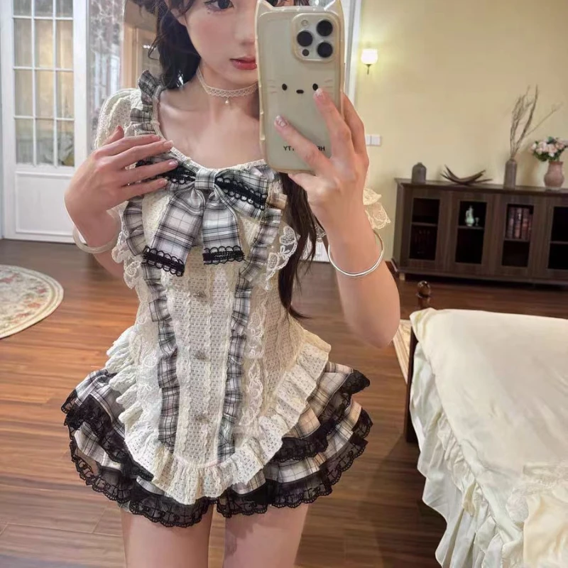 Vintage Sweet Lolita 2-teiliges Set für Damen, kariertes Patchwork-Oberteil mit Schleife, schmale Hemden, Spitzenrüschen, Hosenrock-Anzug, süße Y2K-Outfits für Mädchen