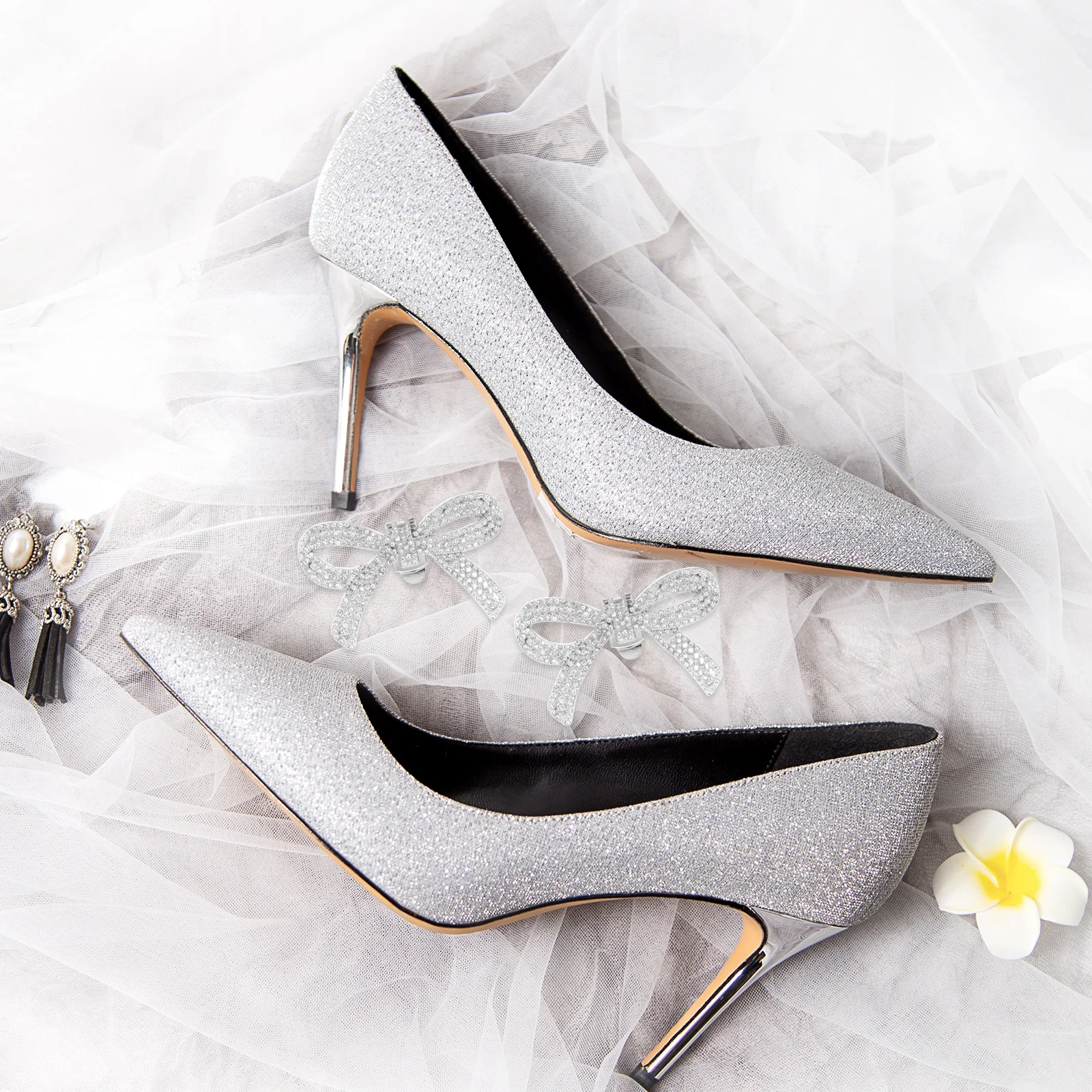

Rhinestone Shoe Clips Decorative Silver Bowknot Women Wedding Crystal Buckles Detachableheel Accessories Pumps Flats
