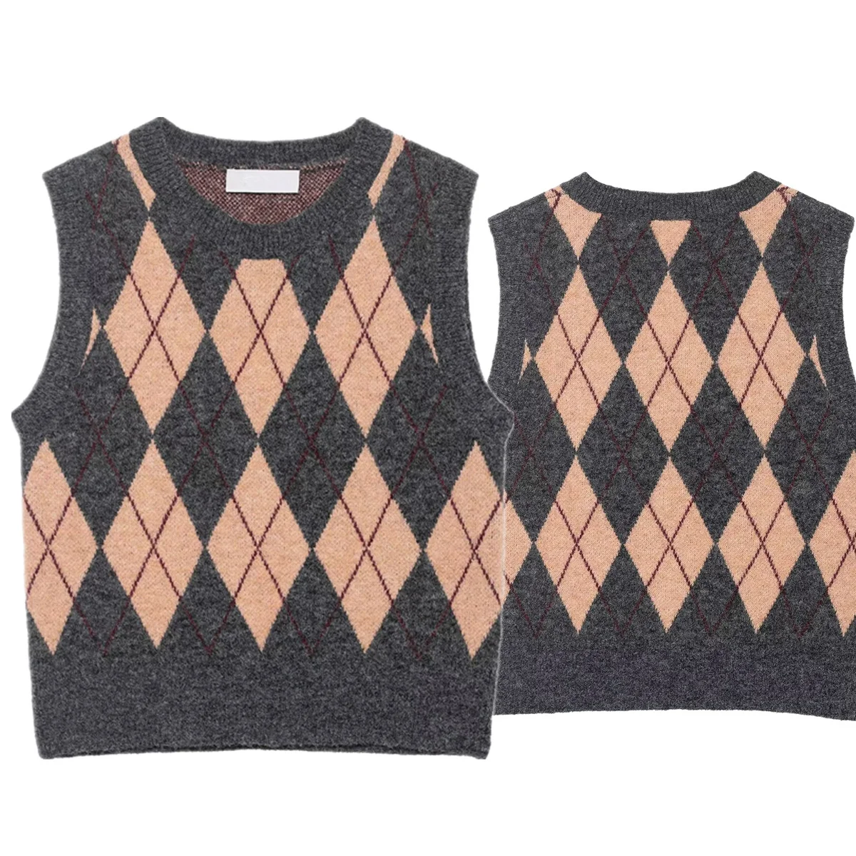 

Jenny&Dave 2026 Spring Women's Sweater Britain Vintage Geometric Check Jacquard Knitwear Pullover Tops Vest Woman Clothing