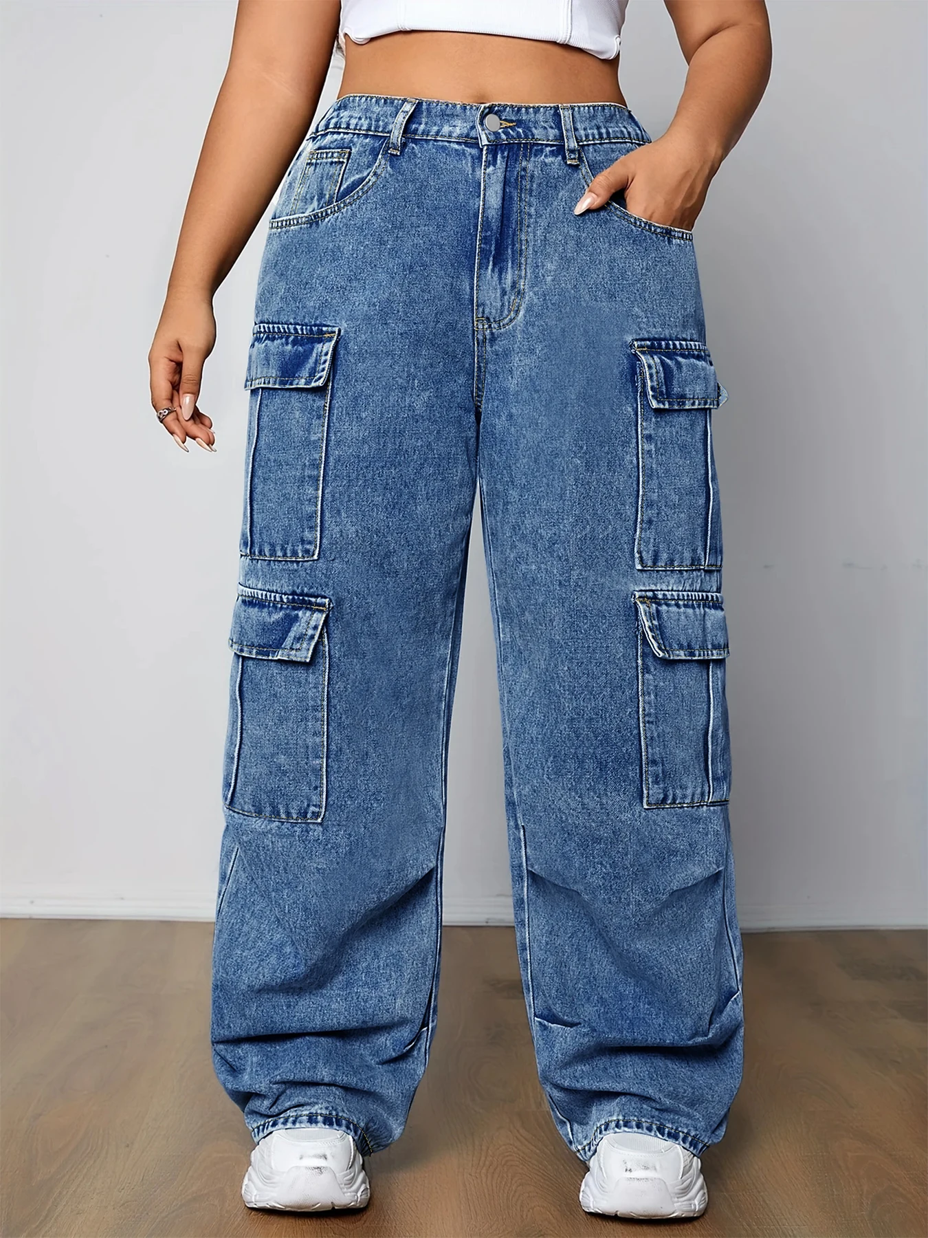

plus Size Women's Workwear Straight Leg Jeans Casual Double Pocket Elastic High Waist Wide Leg Denim Trousers