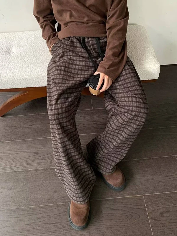 

Men's Casual Plaid Wide Leg Pants Dstring Straight Cut Woolen Trousers Faionable Loose Fit Faionable Cotton Pants