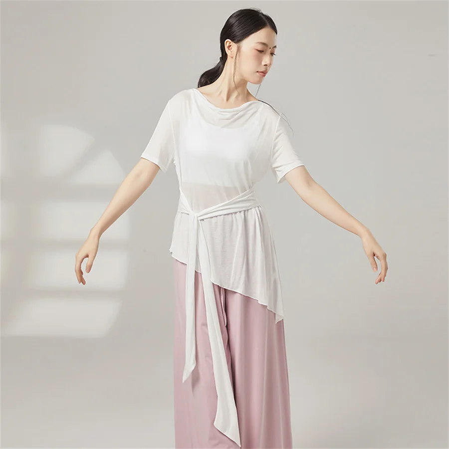 Women Modern Dance Shirt See Through Soft Breathable Adult Ballet Chinese Folk Dance Top Casual Wear Daily Training Costume