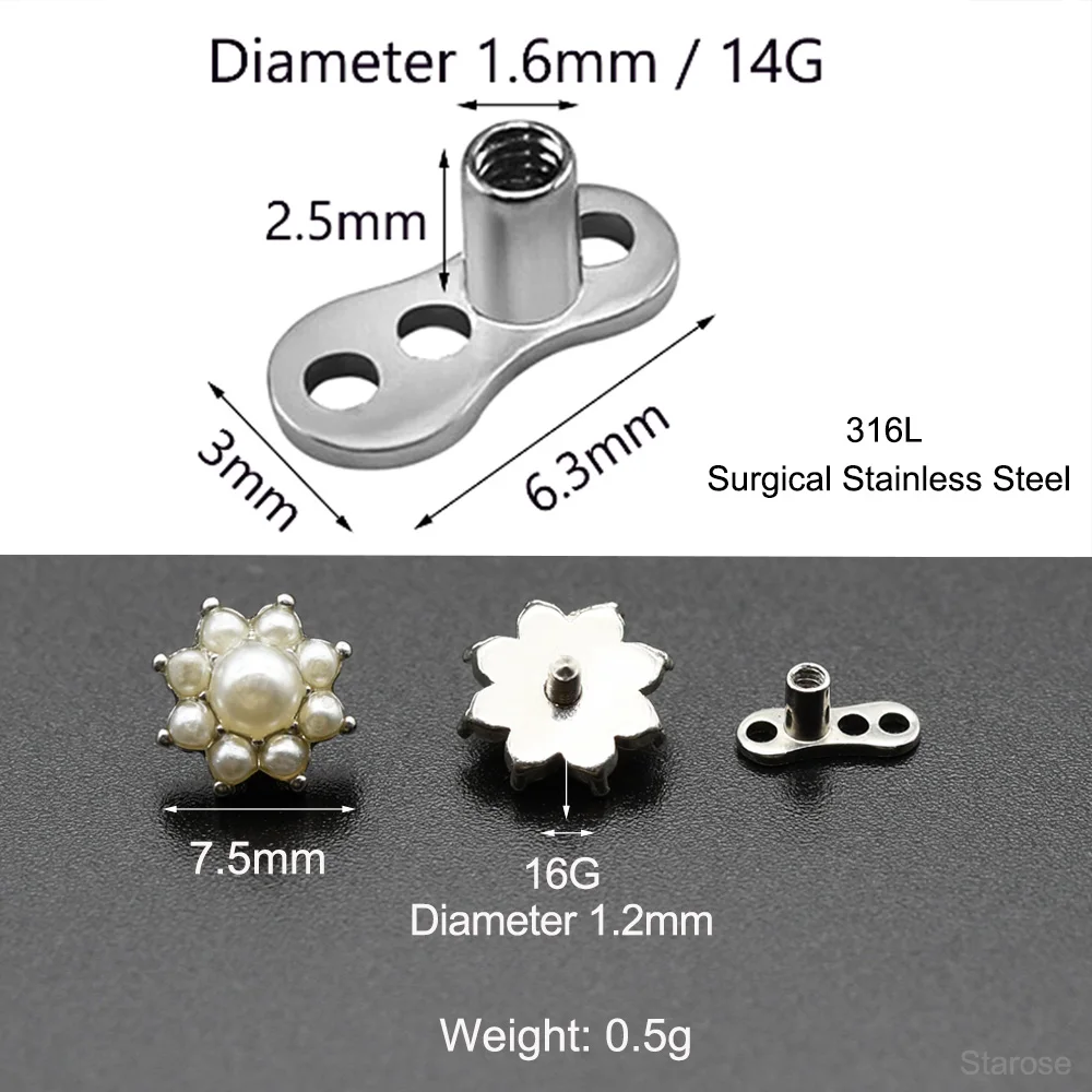 White Imitation Pearl Opal Micro Dermal Anchor Piercing Stainless Steel Skin Diver Piercing Hide-it Neck Face Jewelry 14G Base