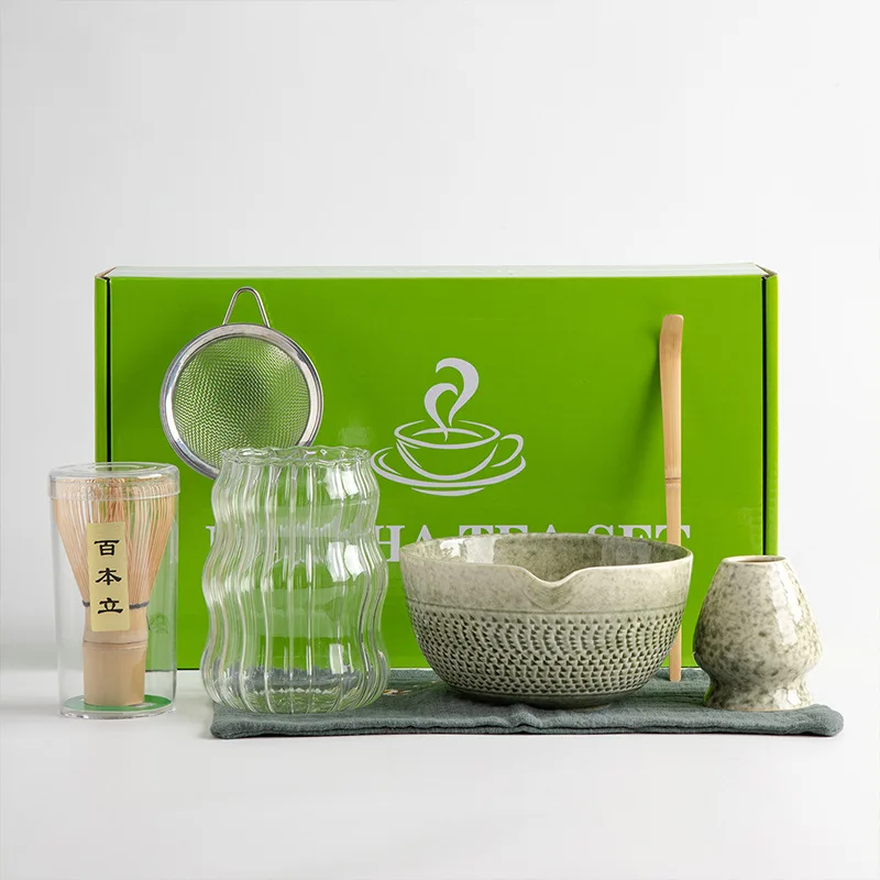 

Premium 7pcs Matcha Color Ceramic Tea Set Japanese Matcha Bowl Chasen Chasen Stand Traditional Full Matcha Making Utensils