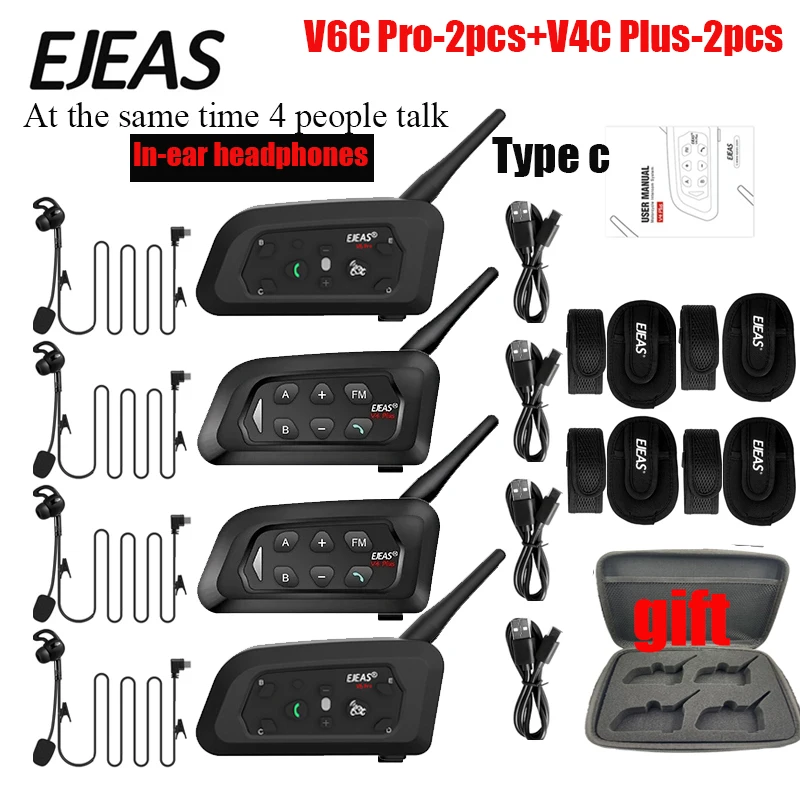 EJEAS 4User Football Referee Intercom Headset V4C PLUSx2+V6C PROx2 Talk at the Same Time Bluetooth Conference Interphone Handbag