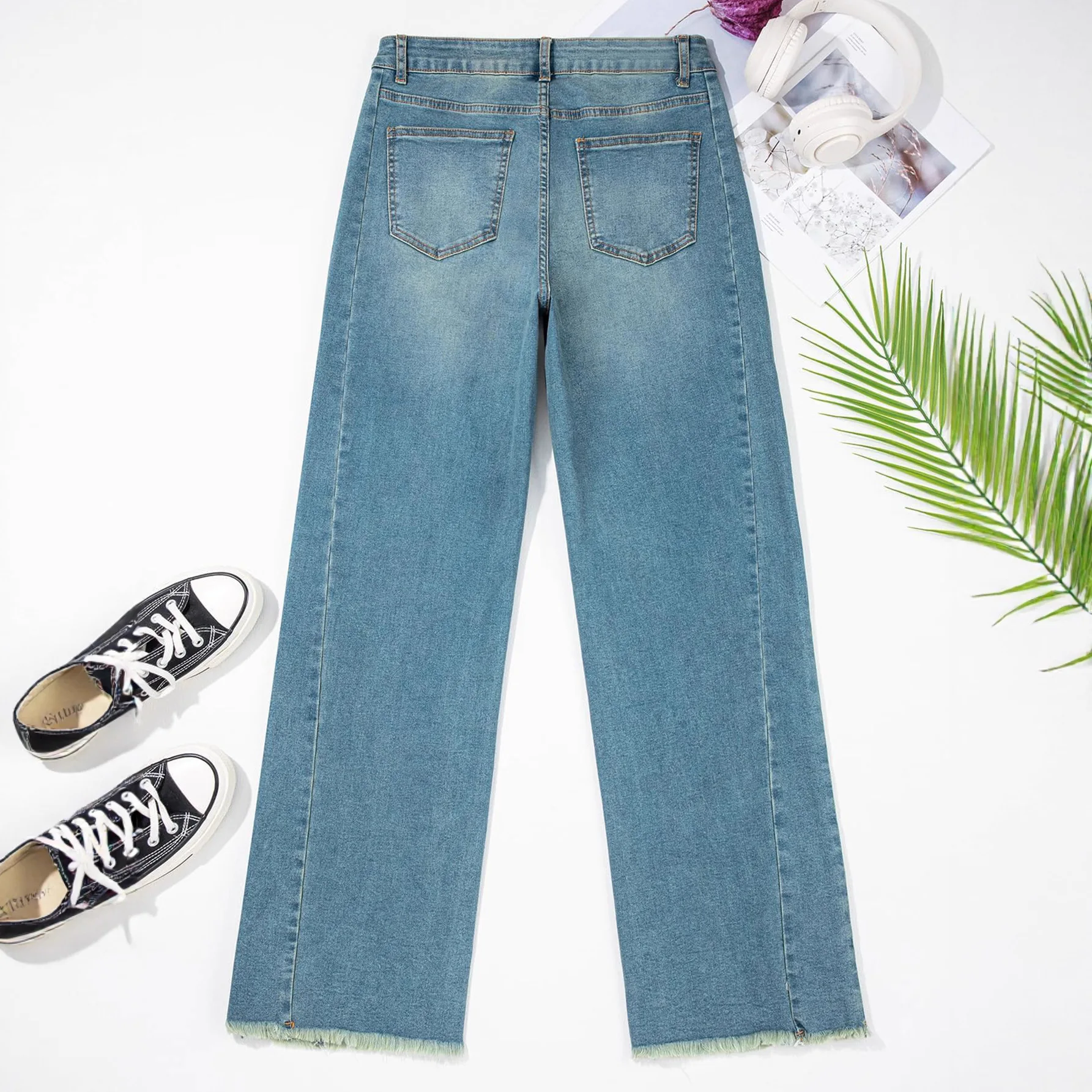 الدنيم السراويل النساء الجينز ميدي الخصر مستقيم السراويل الجينز جيوب عادية لصق بانت غسلها سيدة بسيطة الخريف طفيف تمتد