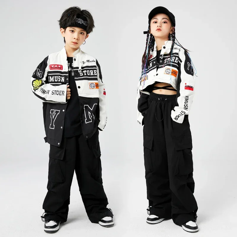 Bambini Kpop Hip Hop che mostrano abbigliamento Cappotto da baseball per moto Pantaloni cargo neri per ragazza Ragazzo Jazz Kpop Costume da ballo Abbigliamento