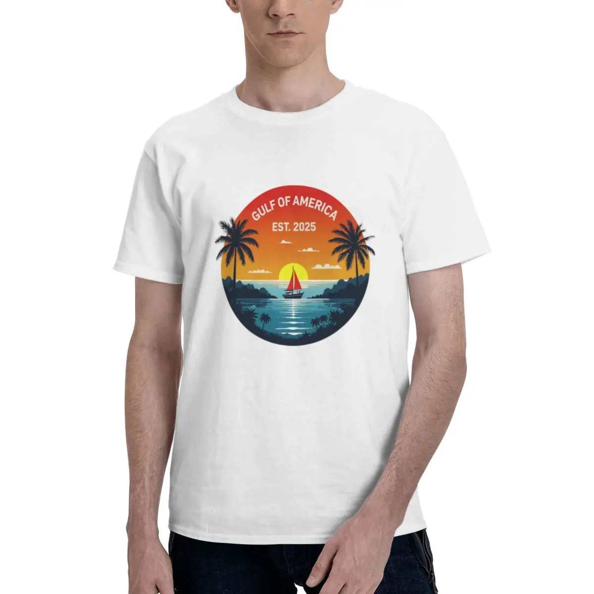 

Мужской «Гульф Америки EST. Футболка с рисунком Palm Tree & Sunset, 2025 дюйма — прибрежная футболка с короткими рукавами, футболка большого размера