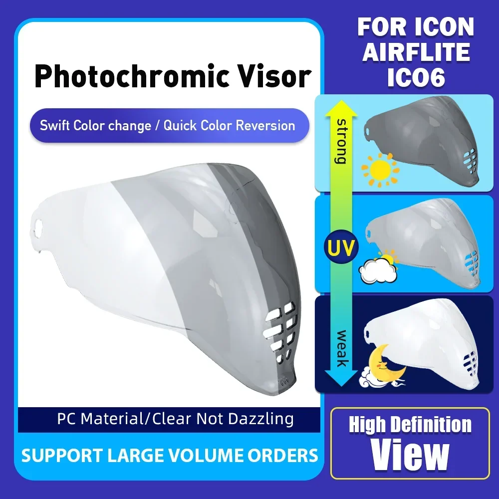 Photochromic Lens for ICON AIRFLITE ICO6 Clear Glass Motorbike Accessories Parts Glass Sun Visor