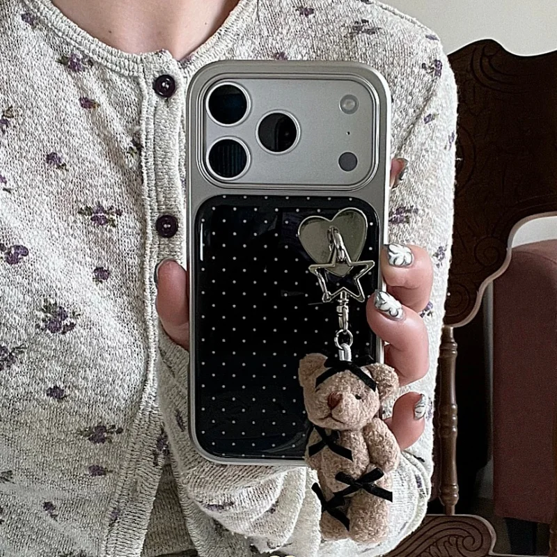 

Korean Black Polka Dots Plating Phone Case For iPhone 17 Pro 16 15 14 Pro Max Cover with Cute Bear Pendant Cartoon Cases For Gir