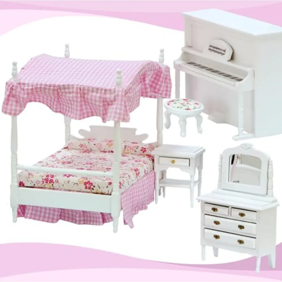 

Pink Wooden Miniature Bedroom Set for 1:12 Scale Dollhouse with Bed and Accessories Mini Furniture Decor for Dollhouse