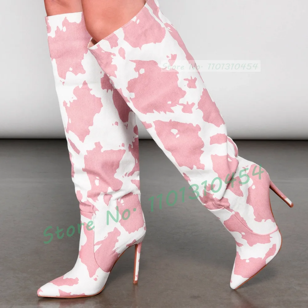 

Pink Cow Print High Heels Boots Women Fashion Pointy Toe Casual Knee High Boots Female Nifty Autumn Two-tone Patchwork Boots