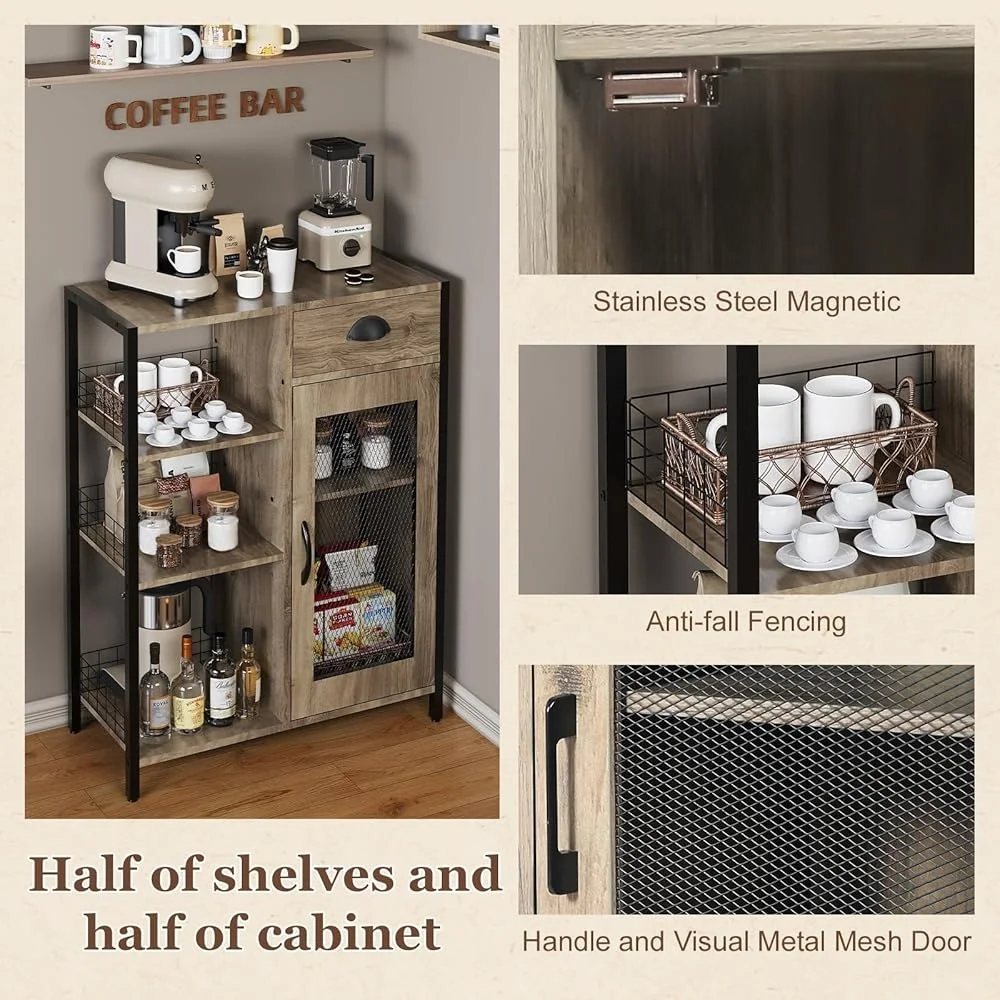 3 Tier Coffee Stand with Drawer Adjustable Shelf Farmhouse Storage Table Kitchen Dining Corner Bar