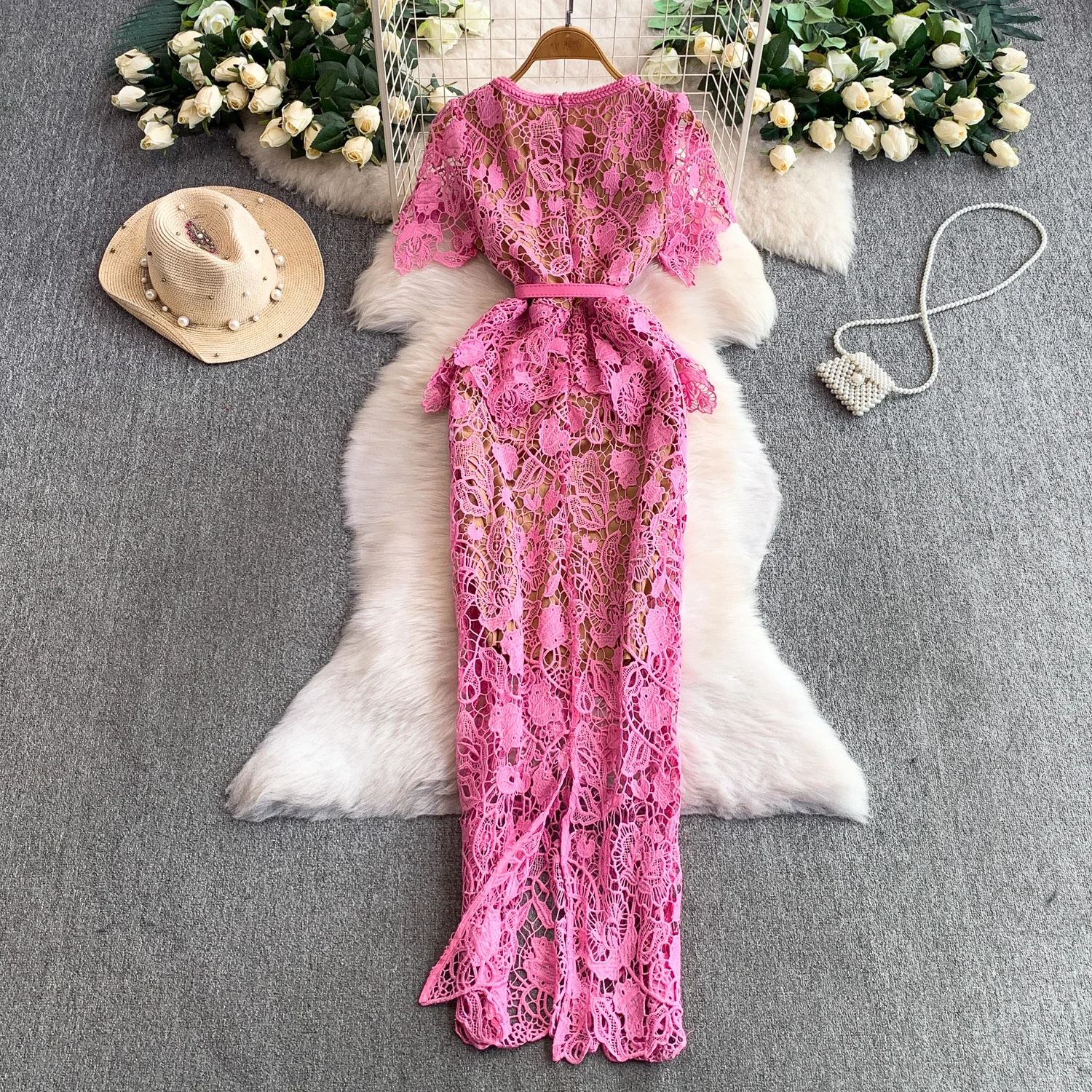 Chic vintage hollow out lace short sleeve dress Elegant Fairy korean fashion sundress women clothing