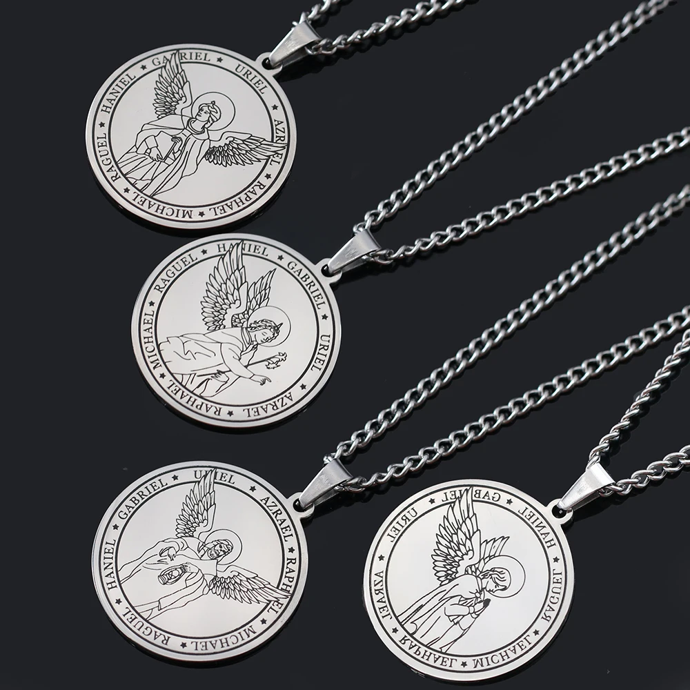 Cottvott Religious Azrael Gabriel Raphael Uriel Michael Archangel Angel Wing Medal Stainless Steel Pendant Necklace Jewelry