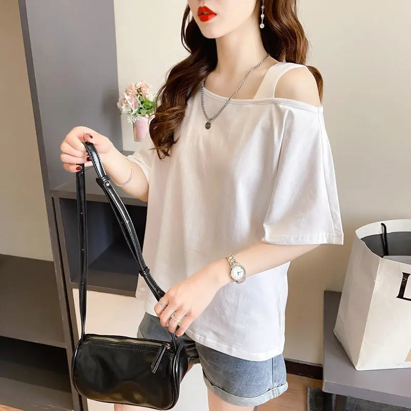 Off Shoulder White Loose T Shirts Summer New Short Sleeve Solid Color All-match Casual Tops Tees Fashion Trend Women Clothing