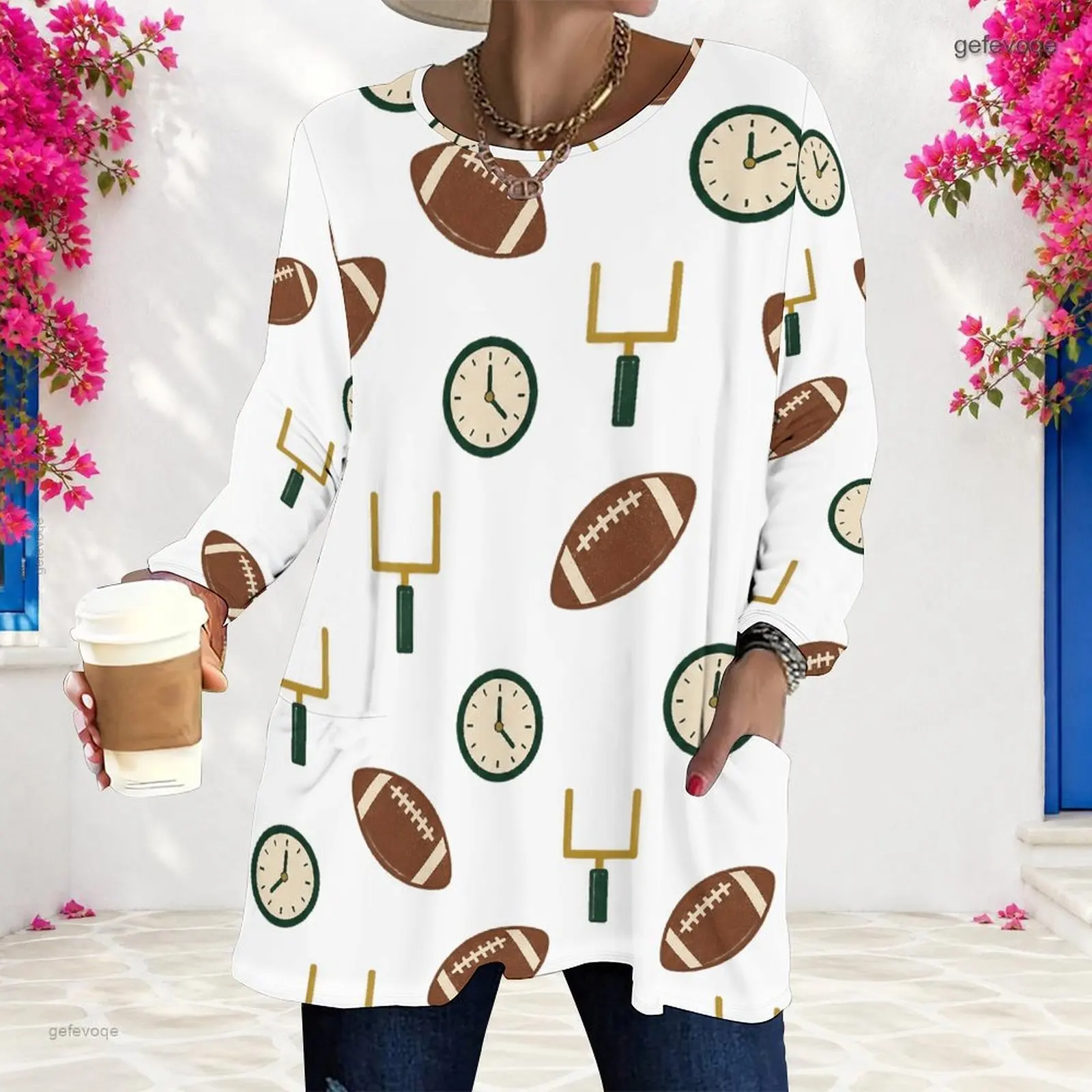 Women White Printed Football Clock Goal Post Pattern Round Neck Long Sleeve Loose Longline Top with Pockets