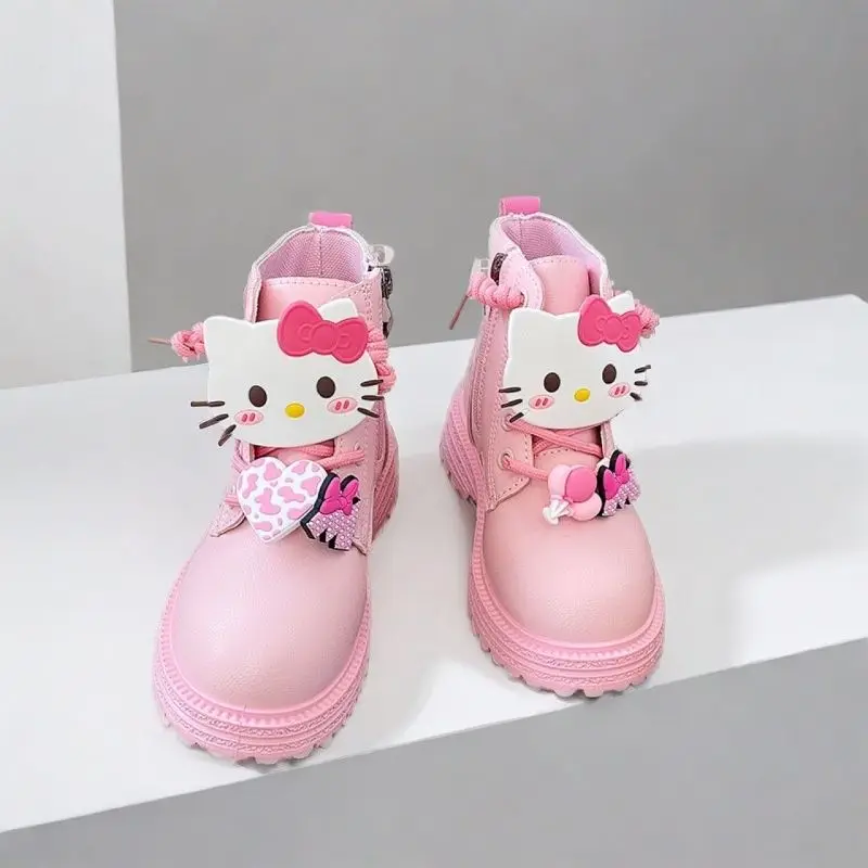 Sanrios Girl Leather Boots Hello Kittys Autumn Winter Princess Short Boots Versatile Single Boots Child Soft Bottom Cotton Boots