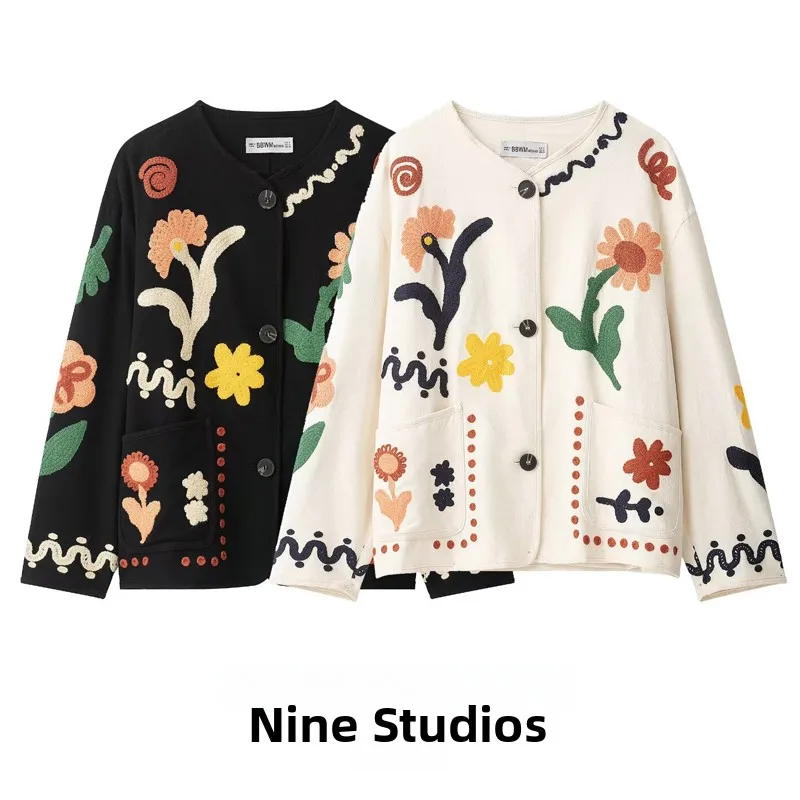 NINE ZAR Women's Casual Embroidered Jacket with Large Pockets Floral Design Loose Fit Long Sleeve round Neck Button Closure