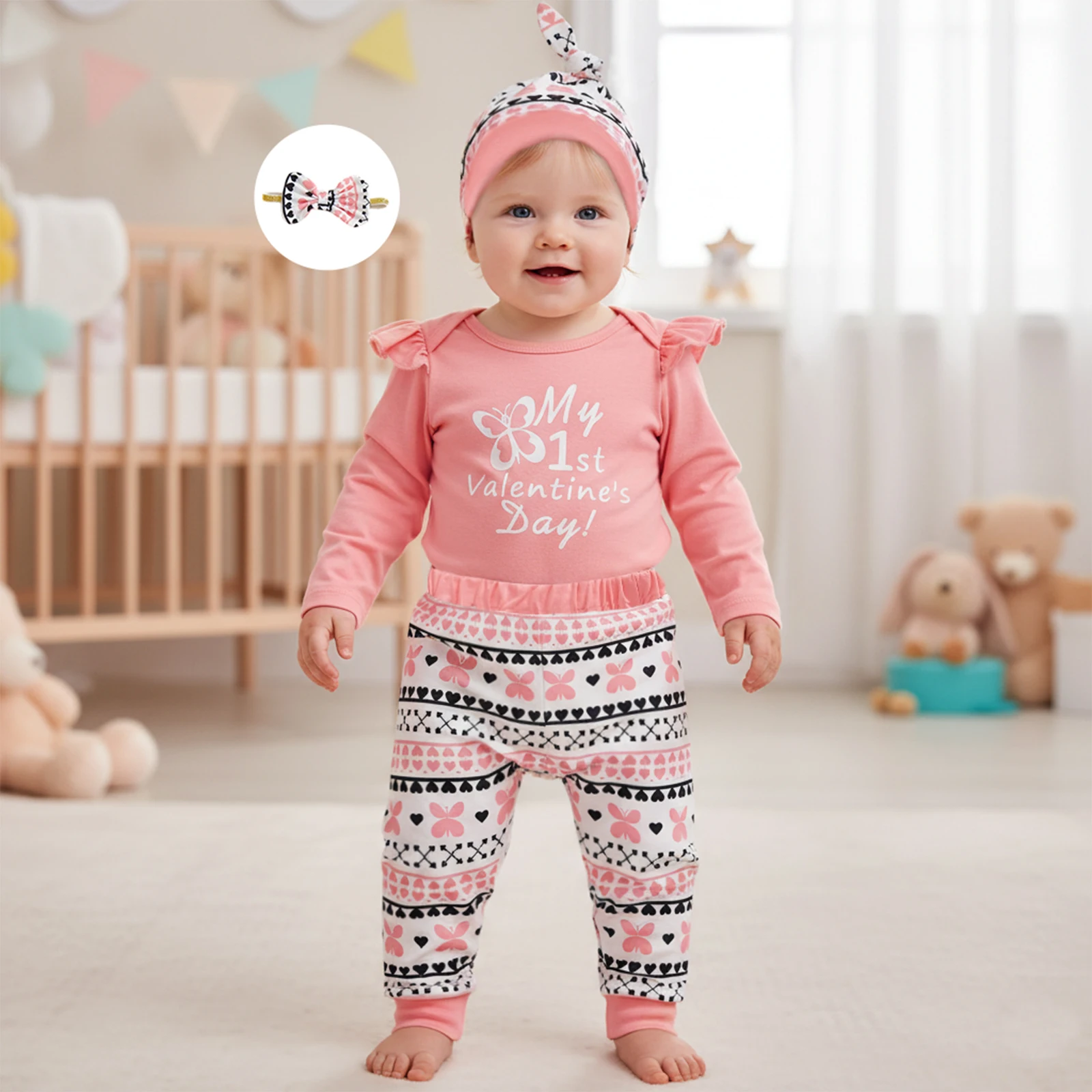 

Baby Clothing Girl Valentines Day Outfits Infant Letter Print Bodysuit Butterfly Pants Bow Headband Hat 4 Pcs Set