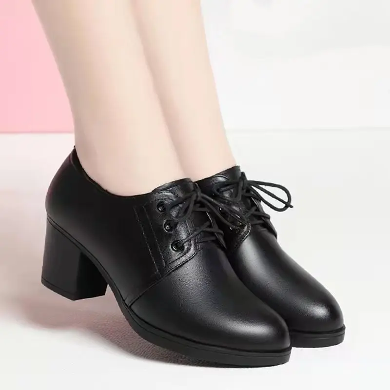 Damen Oxford Schuhe Schwarz Britischer Stil Blockabsatz Pumps für Büro Arbeit Elegant Geschnürt Kunstleder Spitz Zulaufend Formelle Halbschuhe Damenschuhe High Heels Business Mode Frühjahr Sommer – Detail 5