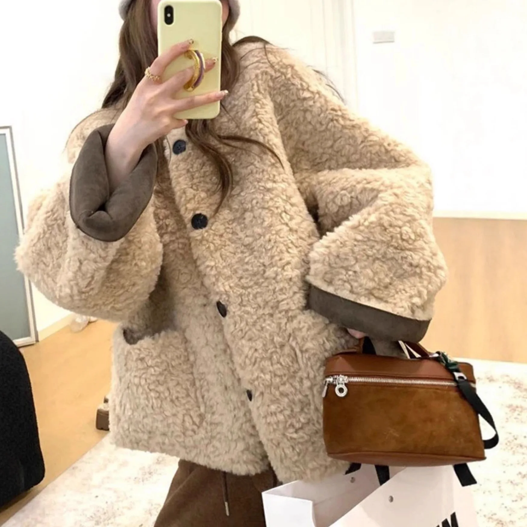 

Женская повседневная утепленная куртка из искусственного меха под овчину, свободного кроя, осенне-зимняя верхняя одежда, экологичная, из искусственной овчины