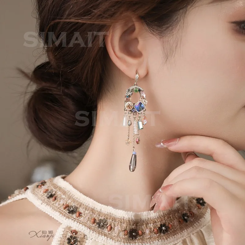 Color tassel long ear hook earrings sterling silver high-end light luxury ethnic style exotic style exaggerated retro earrings