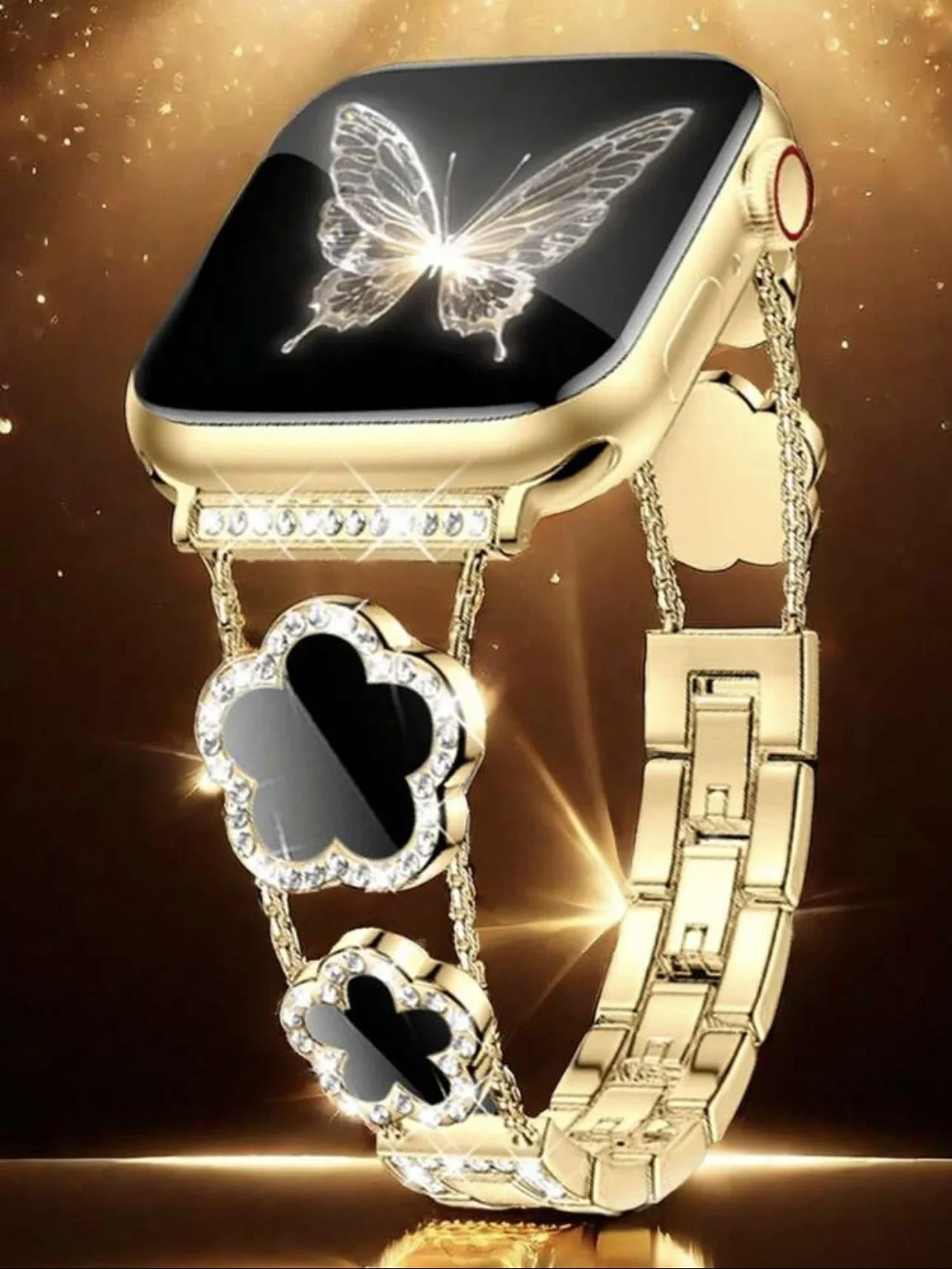 Bling flower Metal bracelet black gold For Apple Watch band Women Series 11/8/7/6/10/9 40mm 41mm 38mm 42mm 44mm 45mm 46mm Strap
